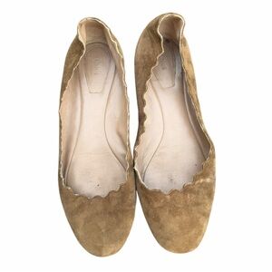 Chloé Scalloped Suede Ballet Flats Tan Nude Leather Lining Women’s Shoes